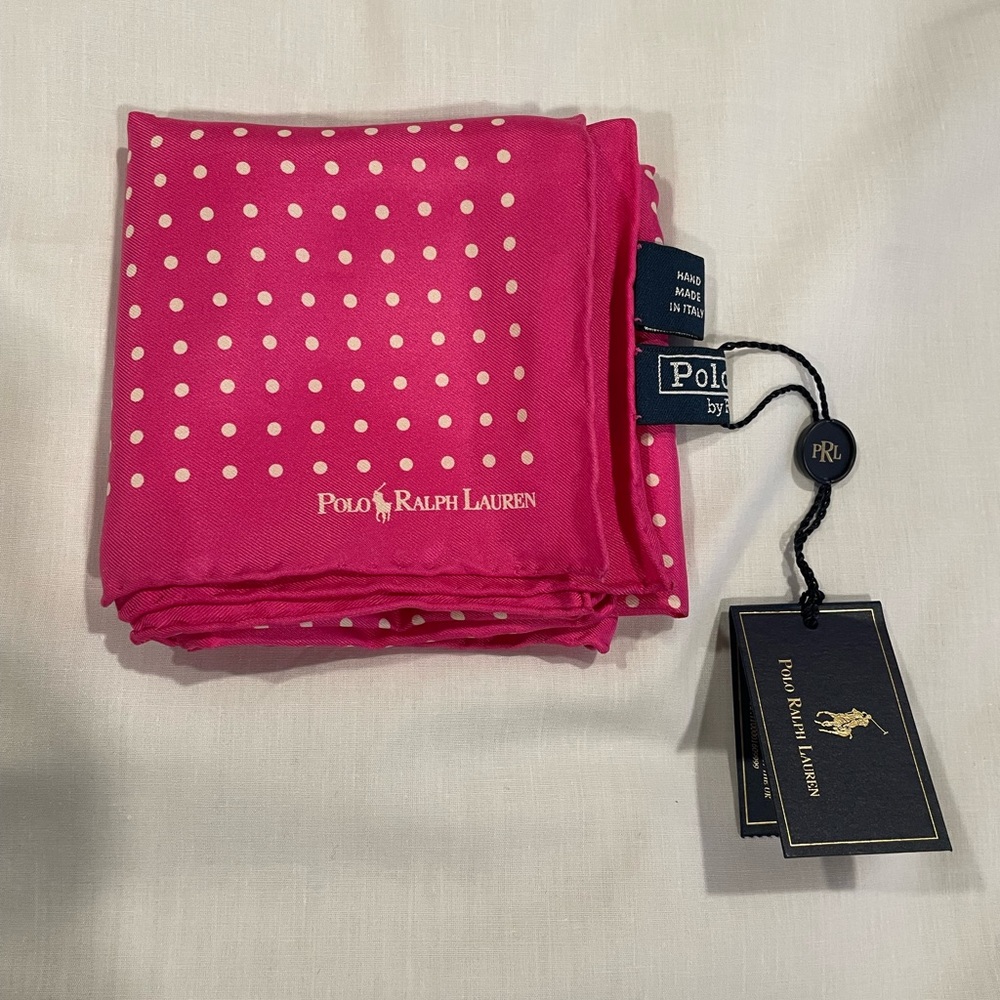 Polo by Ralph Lauren Polka Dot Silk pocket square, color Pink with white dots.